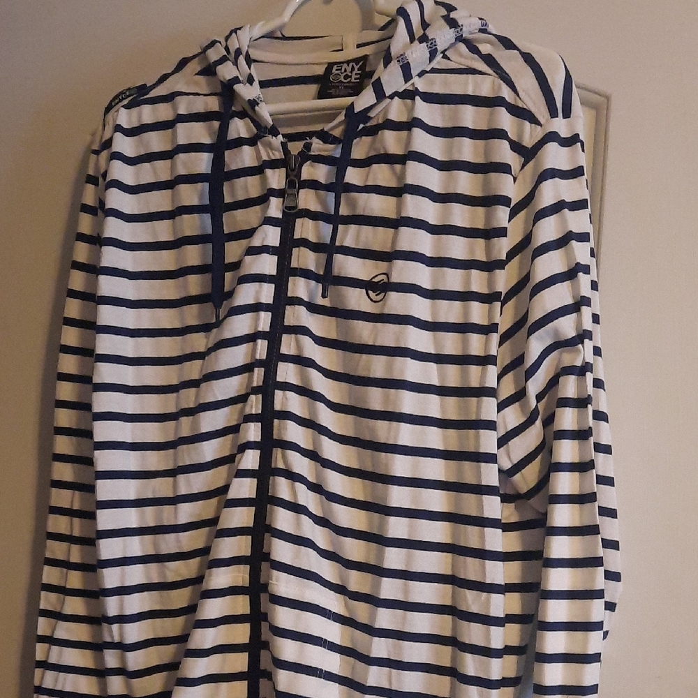 Enyce White and Navy Striped Hooded Zip Jacket